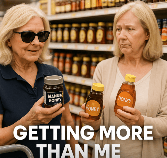 &ldquo;Two senior women shopping for honey: one confidently selecting high-quality Manuka honey, the other picking a cheaper sugar-filled option&mdash;symbolizing the difference between MAP and MLTC benefits.&rdquo;