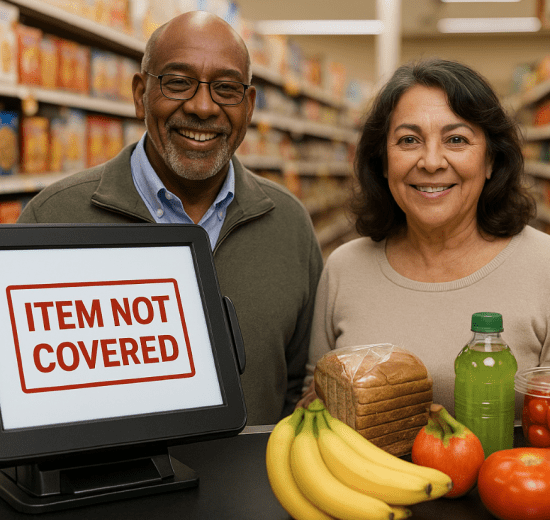 "African American man and Hispanic woman standing at a grocery store checkout with OTC card declined &mdash; register shows 'Item Not Covered' as they attempt to purchase healthy food."