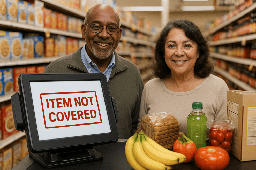 "African American man and Hispanic woman standing at a grocery store checkout with OTC card declined &mdash; register shows 'Item Not Covered' as they attempt to purchase healthy food."